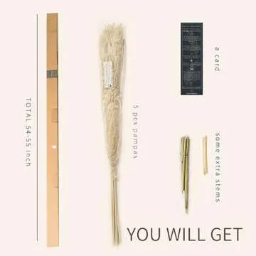 55" inch 5 Extra Tall Premium Natural Pampas, Pampas Grass Decor Tall, Wedding, Party, Boho, Office or Modern Decor, Large and Feathery, Perfect Tall Pampas Grass for Floor Vase.