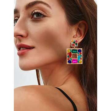 Rhinestone Square Zinc Dangle Earrings For Women Sparkly Crystal Geometric Drop Statement Earrings Juran Green Collection (Multicolour)