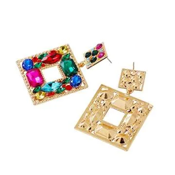 Rhinestone Square Zinc Dangle Earrings For Women Sparkly Crystal Geometric Drop Statement Earrings Juran Green Collection (Multicolour)