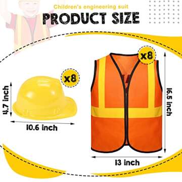 Geyoga 16 Pcs Construction Vest for Kids Party Favors Hard Hat Construction Dressing Up Supplies Construction Funny Worker Costume for Birthday Party, Including 8 Vests and 8 Construction Hats