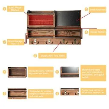 Key Holder for Wall, Mail Organizer Wall Mount with Key Hooks and Wallet Holder, Sunglasses Storage and Dog Leash Hanger, Decorative with 4 Double Hooks and Chalkboard