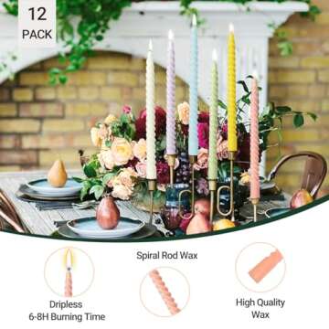 10 Inch Cream Spiral Taper Candles for Home Decoration, 12 Pack Candy-Color Candlesticks for Dinner Party Wedding Holiday