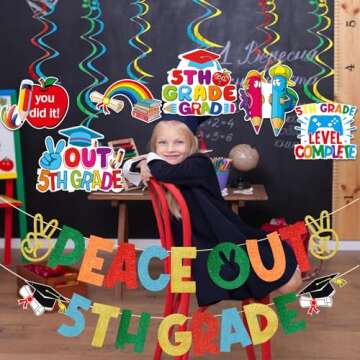 TTDQ Peace Out 5th Grade Banner 5th Grade Graduation Decorations 2024 Elementary School Graduation Decorations 5th Grade Graduation Banner for Class of 2024 Graduation Party Decoration