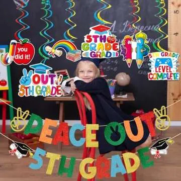 TTDQ Peace Out 5th Grade Banner 5th Grade Graduation Decorations 2024 Elementary School Graduation Decorations 5th Grade Graduation Banner for Class of 2024 Graduation Party Decoration