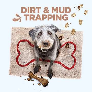 Soggy Doggy Doormat with Bone Design, Microfiber Chenille Indoor Wet Dog Mat for Muddy Paws and Drying, Ultra-Absorbent Dog Mats for Sleeping and Lounging, Beige/Red Bone