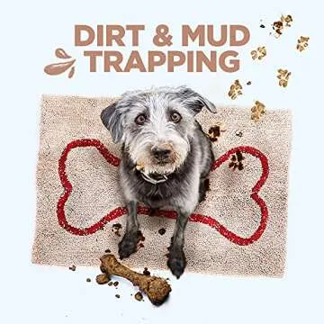 Soggy Doggy Doormat with Bone Design, Microfiber Chenille Indoor Wet Dog Mat for Muddy Paws and Drying, Ultra-Absorbent Dog Mats for Sleeping and Lounging, Beige/Red Bone