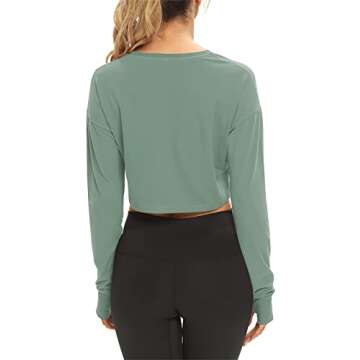 Mippo Crop Top Long Sleeve Workout Shirts Athletic Gym Active Wear Loose Cropped Sweaters Oversized Tshirts Gray Green M