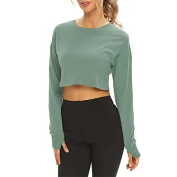 Mippo Crop Top Long Sleeve Workout Shirts Athletic Gym Active Wear Loose Cropped Sweaters Oversized Tshirts Gray Green M