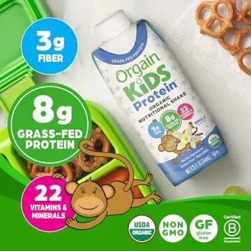 Orgain Organic Kids Nutritional Protein Shake, Vanilla, Healthy Kids Snacks, 8g Dairy Protein, 3g Fiber, 22 Vitamins & Minerals, No Soy ingredients, Gluten Free, Non-GMO, 8.25 Fl Oz (Pack of 12)