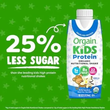 Orgain Organic Kids Nutritional Protein Shake, Vanilla, Healthy Kids Snacks, 8g Dairy Protein, 3g Fiber, 22 Vitamins & Minerals, No Soy ingredients, Gluten Free, Non-GMO, 8.25 Fl Oz (Pack of 12)