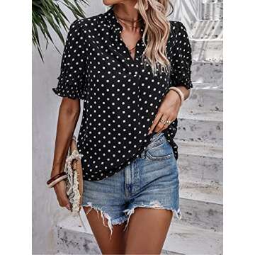 Angashion Womens Tops, Summer Casual Short Sleeve V Neck Solid Flowy Top Loose Tunic Blouses Shirts 2384Black White X-Large