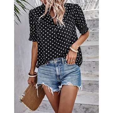 Angashion Womens Tops, Summer Casual Short Sleeve V Neck Solid Flowy Top Loose Tunic Blouses Shirts 2384Black White X-Large