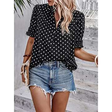 Angashion Womens Tops, Summer Casual Short Sleeve V Neck Solid Flowy Top Loose Tunic Blouses Shirts 2384Black White X-Large