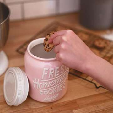 Ceramic Cookie Jar - Mason Jar Cookie Jars with Lids Airtight - Unique Cookie Jars for Kitchen Counter Decorative - Vintage Cookie Jar for Kitchen - Airtight Cookie Jar with Lid for Baked Goods (Pink)