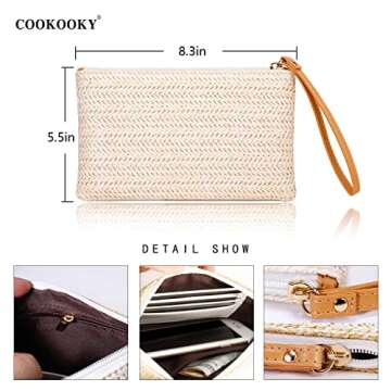 COOKOOKY Women's Straw Clutch Bag Bohemian Zipper Wristlet Summer Beach Sea Purse Wallets (Beige- White)