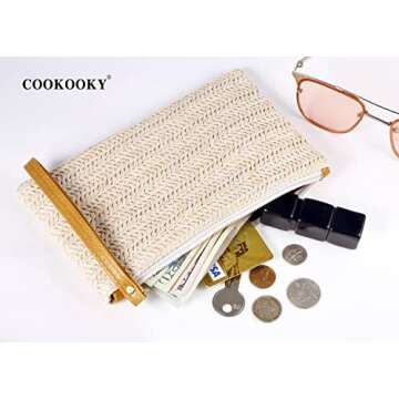 COOKOOKY Women's Straw Clutch Bag Bohemian Zipper Wristlet Summer Beach Sea Purse Wallets (Beige- White)