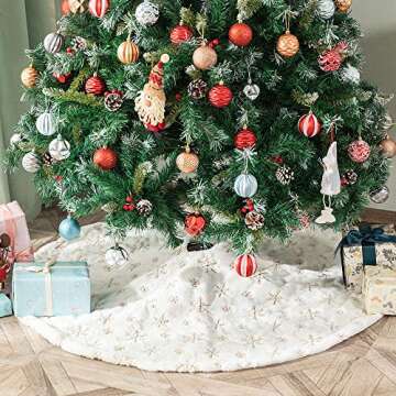Atiming White Plush Christmas Tree Skirt 30 inches Snow White Fur Christmas Tree Skirt Mat with Gold Sequin Snowflake Xmas Tree Skirt Base Cover for Christmas New Year Decorations (White-G, 78cm)