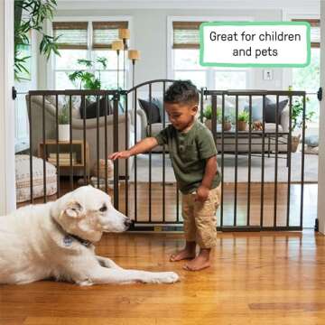 Summer Infant Metal Expansion Extra Wide Safety Pet and Baby Gate, 44"-71" Wide, 36” Tall, Hardware Mounted for Dog and Child Safety, Fits Large Opening or Doorway, Auto Close Walk Thru Door - Bronze