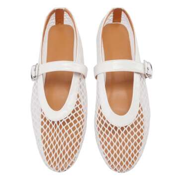 Kitulandy Women Mesh Ballet Flats Comfortable Round Toe Mary Jane Casual Ballerina Shoes White, 7