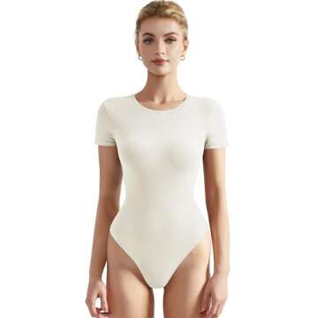 SUUKSESS Women Short Sleeve Bodysuit Crew Neck Thong Body Suit Shirts Basic Tops (White, S)