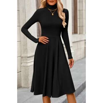 CFLONGE Women's Casual Ribbed Knit High Neck Dress Long Sleeve Fall Dress for Women 2024 Lightweight...