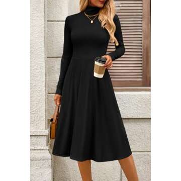 CFLONGE Women's Casual Ribbed Knit High Neck Dress Long Sleeve Fall Dress for Women 2024 Lightweight A Line Flare Dresses(Black,Small)
