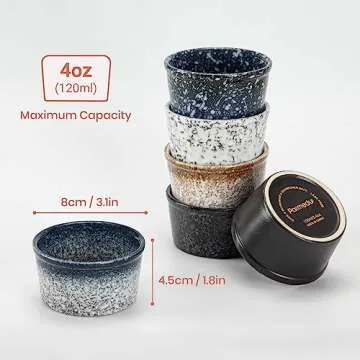 PARMEDU Ceramic Ramekin Set of 6 Mini Porcelain Bowls 120ml/4oz of Zen Style, Souffle Ramekins/Cups for Puddings, Brulees, Soufflés, Custards, Ice Creams, Dipping Sauces, Snacks, Oven Safe