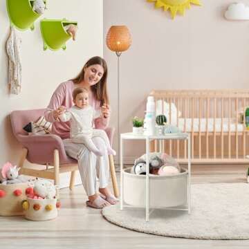 danpinera Round Side Table with Fabric Storage Basket, Metal Side Table Small Bedside Nightstand wit...