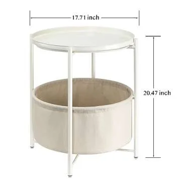 danpinera Round Side Table with Fabric Storage Basket, Metal Side Table Small Bedside Nightstand with Removable Tray Top for Living Room, Bedroom, Nursery, Laundry, White