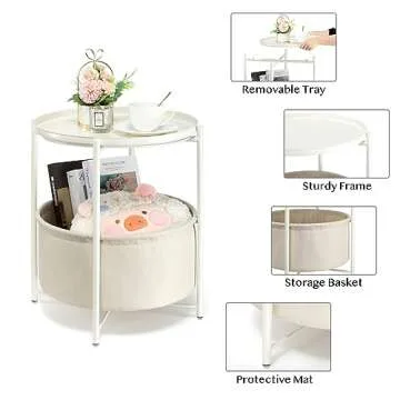 danpinera Round Side Table with Fabric Storage Basket, Metal Side Table Small Bedside Nightstand with Removable Tray Top for Living Room, Bedroom, Nursery, Laundry, White