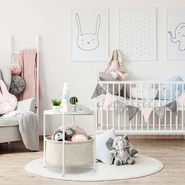 danpinera Round Side Table with Fabric Storage Basket, Metal Side Table Small Bedside Nightstand with Removable Tray Top for Living Room, Bedroom, Nursery, Laundry, White