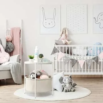 danpinera Round Side Table with Fabric Storage Basket, Metal Side Table Small Bedside Nightstand with Removable Tray Top for Living Room, Bedroom, Nursery, Laundry, White