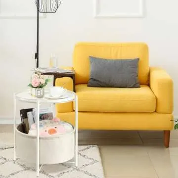 danpinera Round Side Table with Fabric Storage Basket, Metal Side Table Small Bedside Nightstand with Removable Tray Top for Living Room, Bedroom, Nursery, Laundry, White