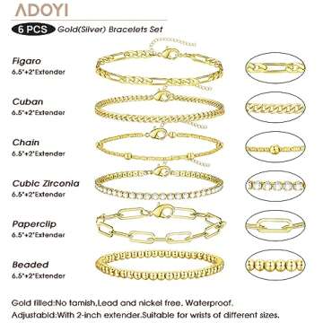 adoyi Gold Bracelets for Women, 14K Gold Plated Bracelet Stack Set Adjustable Stackable Bracelets Paperclip Chain Cuban Link Layered Waterproof Bracelet Sets Gifts for Womens 6.5 Inch