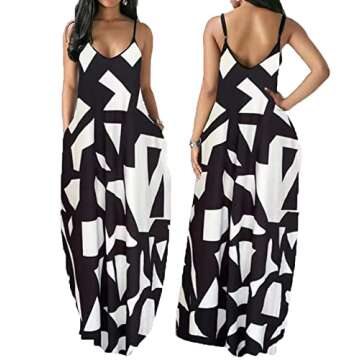 yilisaxi Women's Long Blackwhite Dresses Sexy Floor Length V-Neck Adjustable Spaghetti Strap Sleeveless Colorful Sundresses Plus Size with Pockets in The Summer(Blackwhite XL), 00 Blackwhite, X-Large