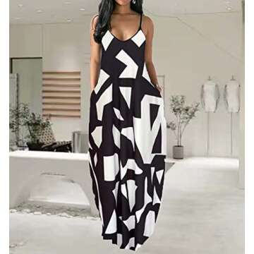 yilisaxi Women's Long Blackwhite Dresses Sexy Floor Length V-Neck Adjustable Spaghetti Strap Sleeveless Colorful Sundresses Plus Size with Pockets in The Summer(Blackwhite XL), 00 Blackwhite, X-Large