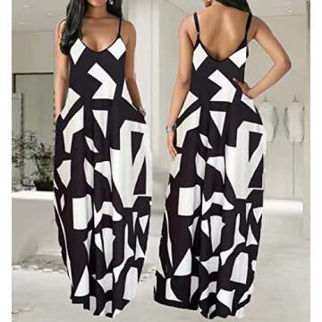 yilisaxi Women's Long Blackwhite Dresses Sexy Floor Length V-Neck Adjustable Spaghetti Strap Sleeveless Colorful Sundresses Plus Size with Pockets in The Summer(Blackwhite XL), 00 Blackwhite, X-Large