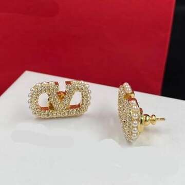 ZHITX Spring and summer V letter rhinestone pearl earrings s925 silver needle earrings for women