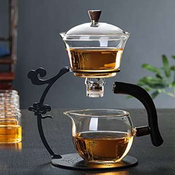RORA Glass Teapot Set Semi Automatic Drip Rotating with Infuser Lazy Kungfu Tea pot Set (Black)