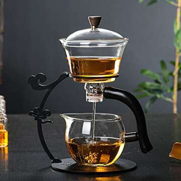 RORA Glass Teapot Set Semi Automatic Drip Rotating with Infuser Lazy Kungfu Tea pot Set (Black)