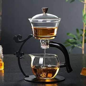RORA Glass Teapot Set Semi Automatic Drip Rotating with Infuser Lazy Kungfu Tea pot Set (Black)