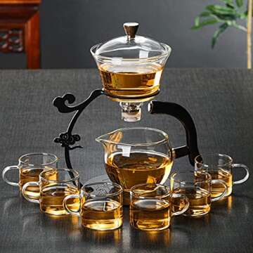 RORA Glass Teapot Set Semi Automatic Drip Rotating with Infuser Lazy Kungfu Tea pot Set (Black)