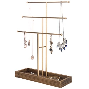 Elegant 3-Tier Gold Jewelry Organizer with Wood Tray - Stylish & Functional