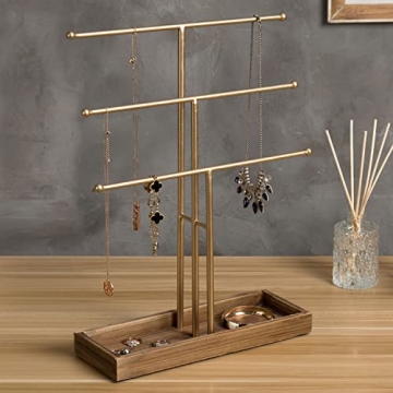 Gold 3-Tier Jewelry Organizer with Wood Tray - Elegant Display