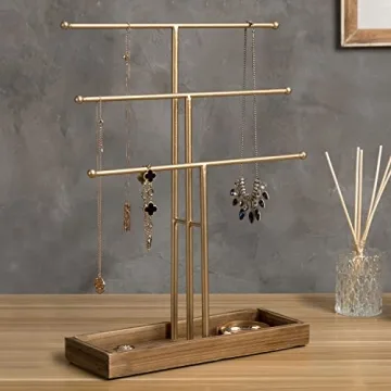 Gold 3-Tier Jewelry Organizer with Wood Tray - Elegant Display