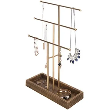 Gold 3-Tier Jewelry Organizer with Wood Tray - Elegant Display