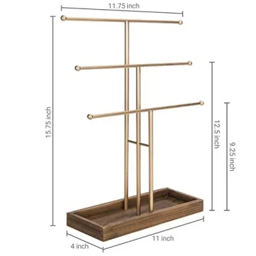 Gold 3-Tier Jewelry Organizer with Wood Tray - Elegant Display