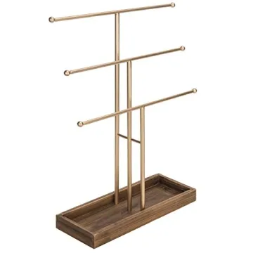 Gold 3-Tier Jewelry Organizer with Wood Tray - Elegant Display