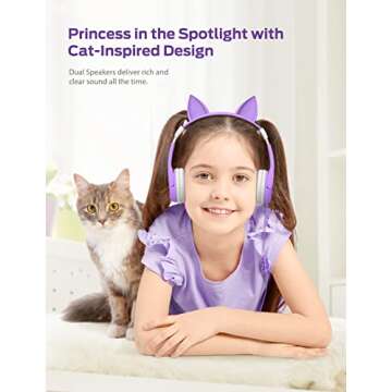 iClever HS01 Food Grade Kids Headphones with Microphone, 85/94dB Volume Control, Hello Kitty Cat Ear Headphones for Kids Boys Girls, Childrens Headphones for Online School/Travel/Tablet, Purple