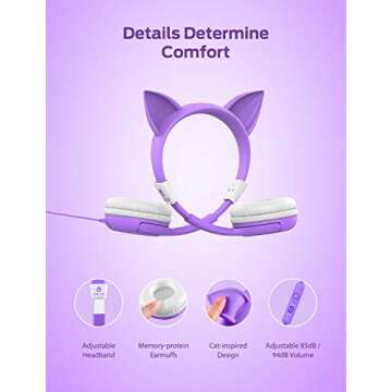 iClever HS01 Food Grade Kids Headphones with Microphone, 85/94dB Volume Control, Hello Kitty Cat Ear Headphones for Kids Boys Girls, Childrens Headphones for Online School/Travel/Tablet, Purple